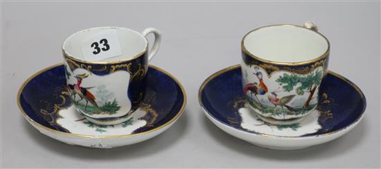 Two Worcester style scale blue cups and saucers